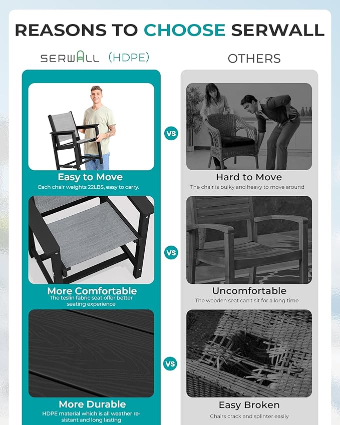 SERWALL 10 Piece Outdoor Dining Table Sets for 8 with 2 Umbrella Hole Cut-Out Rectangular Tables and 8 Textilene Chairs, HDPE Dining Table Sets for Garden, Backyard, Poolside, Black