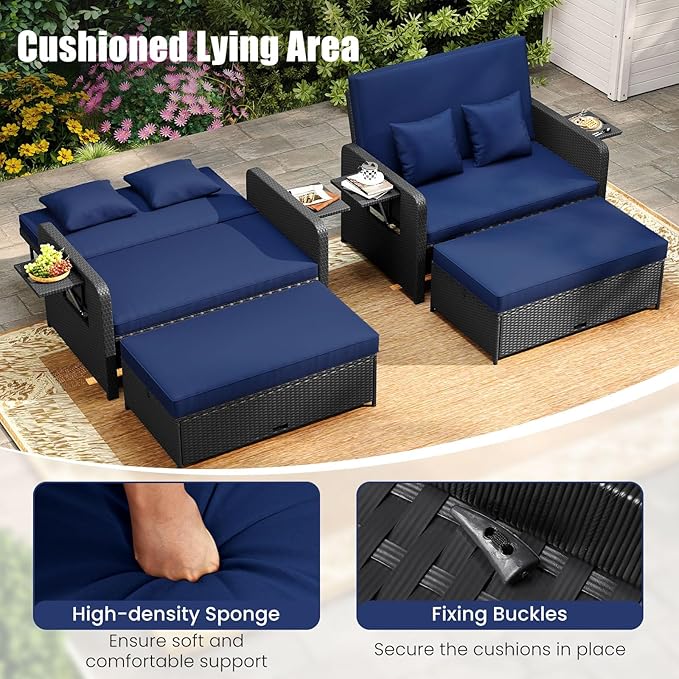 HAPPYGRILL Patio Rattan Wicker Daybed with Loveseat & Storage Ottoman, Outdoor Lounge Sofa Furniture Set with Adjustable Backrest & Side Trays, for Poolside Deck Porch Lawn (Black & Navy)