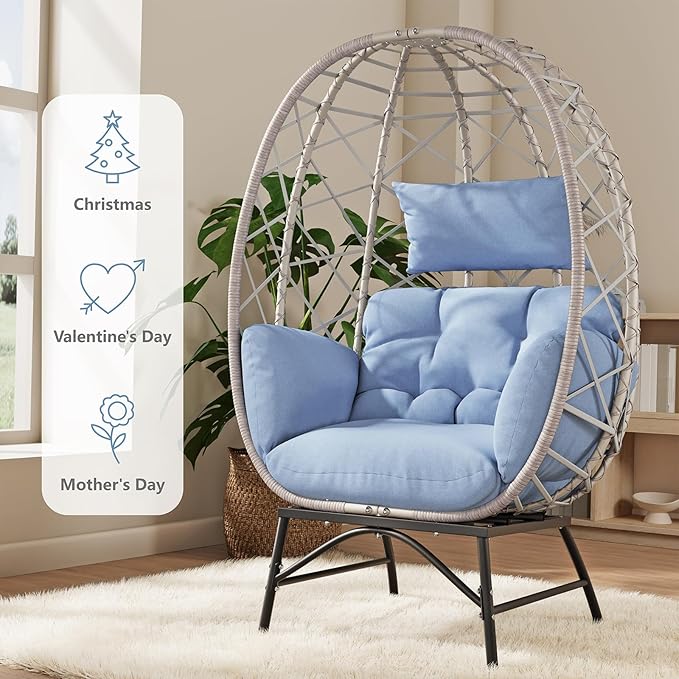 SWITTE Wicker Egg Chair Outdoor, Oversized Patio Lounge Chairs with Cushion for Indoor Living Room, Bedroom, Outside Backyard Balcony-Light Blue