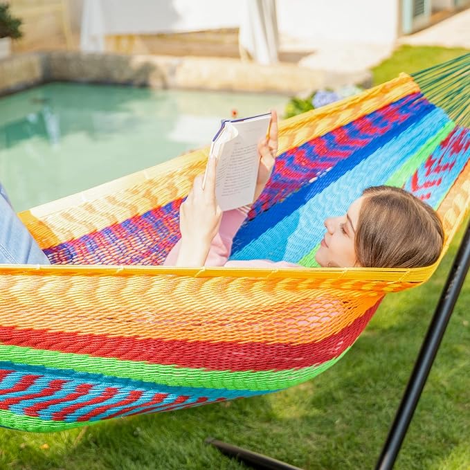 PNAEUT Handwoven Mayan Hammocks for Outside, Handwoven Thick Soft Rope Double Hammocks for Outdoor Indoor, Max 600 lbs Capacity, Tree Straps, Carabiners & Carrying Bag Included (Tropical, X-Large)