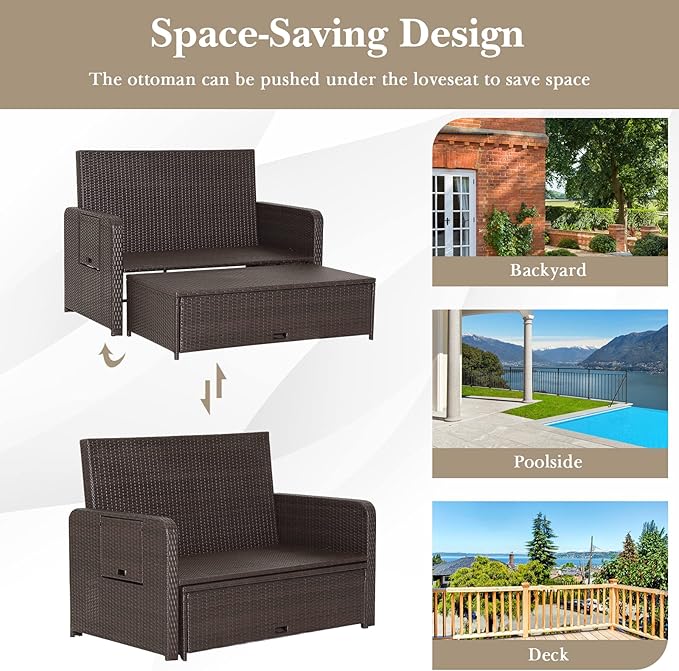 Tangkula Patio Rattan Daybed with 4-Level Adjustable Backrest, Outdoor PE Wicker Loveseat with Storage Ottoman & Folding Side Tray, Double Sunbed Lounger for Balcony, Backyard & Poolside, Red & Brown