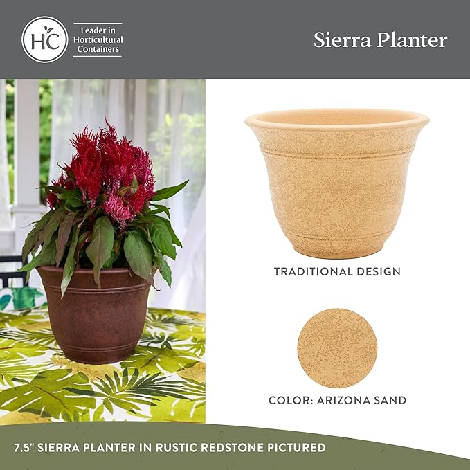 The HC Companies Sierra Round Self-Watering Pot - Lightweight Plastic Planter for Herbs & More - Durable Plant Pots for Indoor Plants & Outdoor Plants (13” Arizona Sand, Pack of 1)