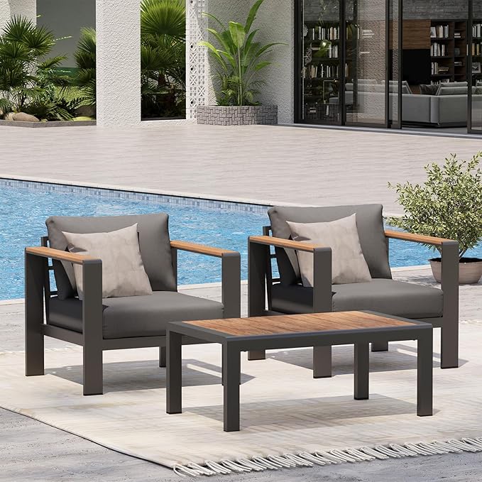 Aluminum Outdoor Sofa Bistro Set, 3 Piece Outdoor Patio Furniture Set with Washable Thick Cushion, Patio Sectional Furniture Set for Porch, Balcony, Deck, Yard, Graphite