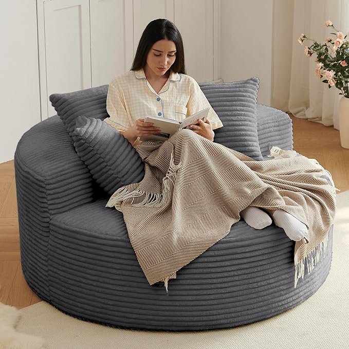 Oversized Round Chair Lounge Chaise Indoor, Upholstered Corduroy Deep Seat Cloud Large Circle Sofa Chair, No Assembly Required, Fluffy Modern Sleeper Sofa Bed for Reading, Living Room, Dark Gray