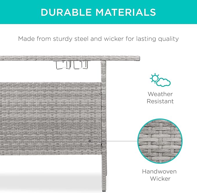 Best Choice Products Outdoor Patio Wicker Bar Counter Table Backyard Furniture w/ 2 Steel Shelves and 2 Sets of Rails - Gray