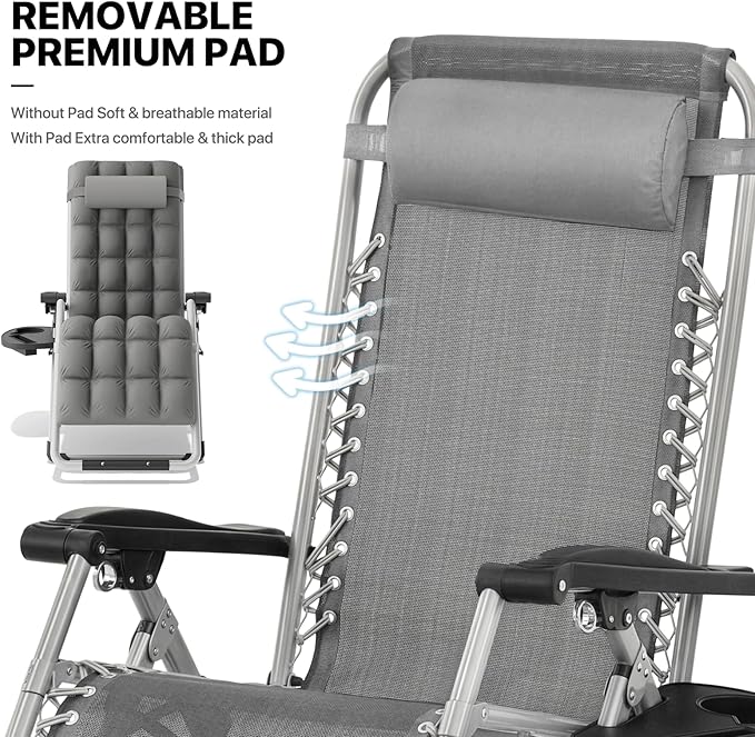 MoNiBloom Beach Chaise Lounge Chair, Patio Folding Recliner with Removable Cushion, Headrest & Tray, Portable Tanning Sunbathing Chair for Poolside Beach Porch Yard, Reinforced Bar, 330lbs Grey