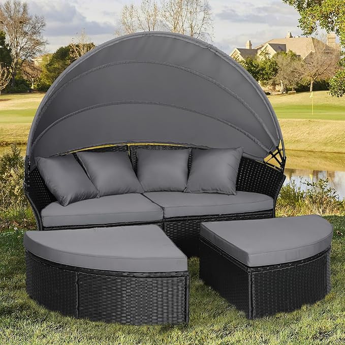 Outdoor Patio Furniture Canopy Daybed Round Sofas, 4 Pieces Seating Separates Cushioned Seats, Black Wicker, Lawn Poolside Garden, Grey