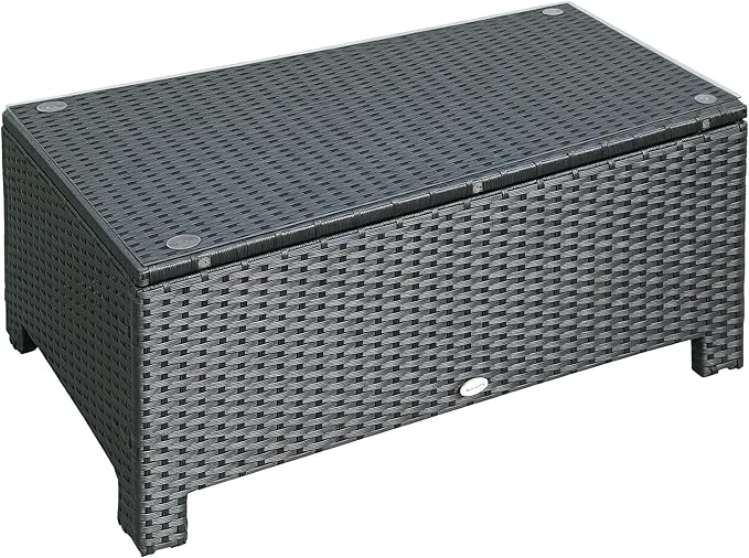 Outsunny Patio Furniture, Wicker Coffee Table, Hand-Woven PE Rattan Side Table with a Tempered Glass Top, 33.5" x 19.75", Black