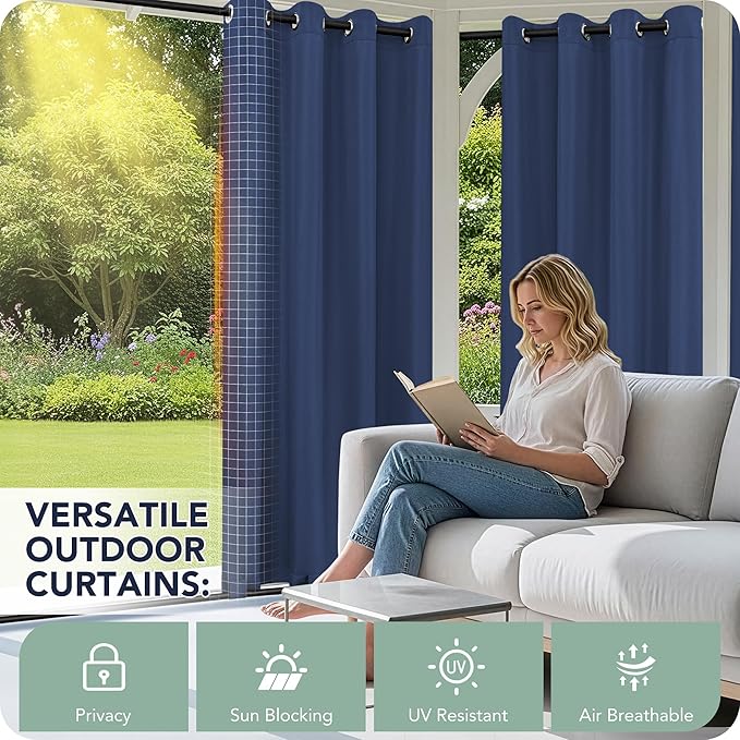 Outdoor Curtains for Patio Waterproof 6 Panels - Windproof, Privacy, Weatherproof Outside Drapes for Gazebo Pergola Porch, Grommet Top and Tab Bottom, 54x108 Inch, Navy