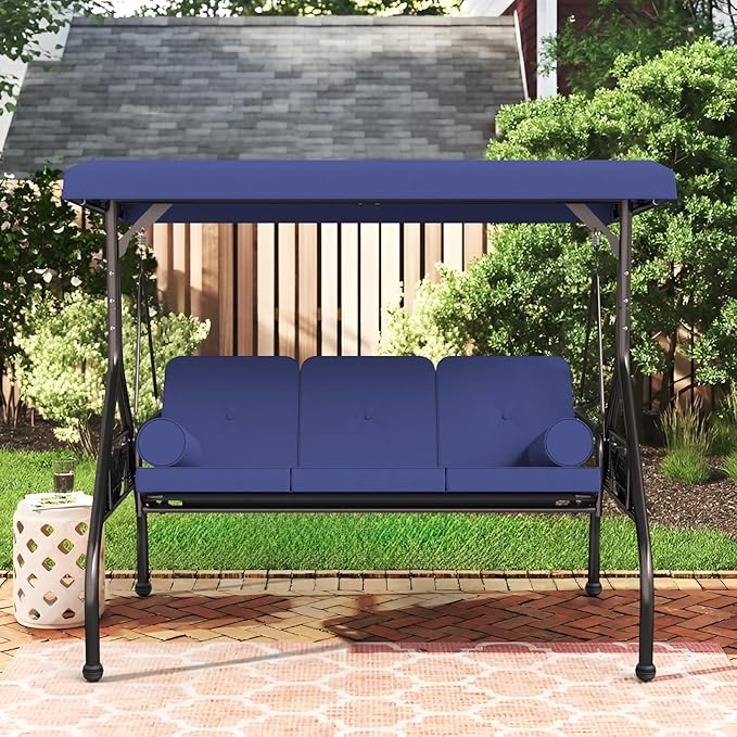 Oakcloud 3-Seat Outdoor Porch Swing with Adjustable Canopy, Large Converting Swing Chair, Patio Swing Glider with Pillows & Thick Cushions for Poolside Balcony Backyard (Blue)