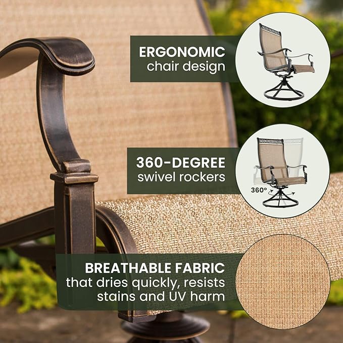 Hanover Manor 7-Piece Outdoor Dining Set with 6 PVC Sling 360 Degree Swivel Rockers, and Rust Resistant Aluminum Round Dining Table, Patio Dining Set for 6 for Backyard, Deck, Patio, Porch