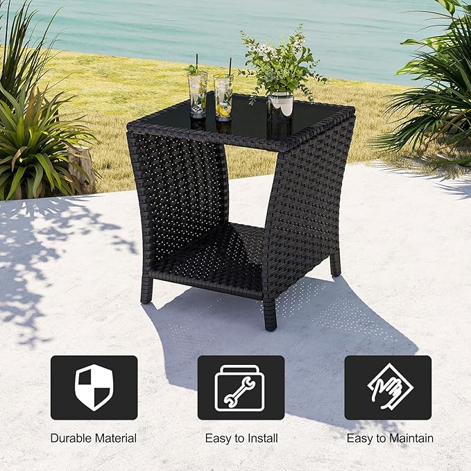 kinbor Small Outdoor Table - Set of 2 Tempered Glass Top Small Outdoor Wicker Side Table with Storage Shelf for Patio, Balcony & Porch, Durable PE Rattan & Iron Frame