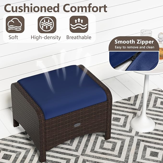 RELAX4LIFE Wicker Outdoor Ottomans for Patio - Set of 2 Rattan Footstools w/Removable Cushions, Multipurpose Outside Foot Rest, Side Table & Additional Seating for Porch Garden Backyard (Navy)