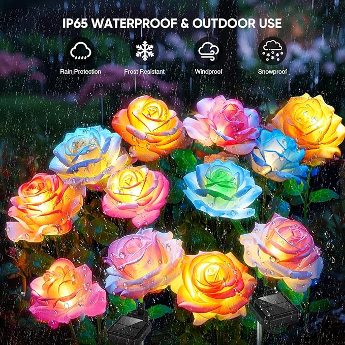 8 Pack Solar Flowers Lights Outdoor Waterproof for Garden Decor, Solar Garden Lights for Outside, Outdoor Solar Lights for Yard with Solar Rose Lights, Yard Decorations