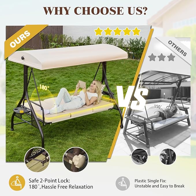 Upgrade 180° Convertible Outdoor Swing for Adults, Outdoor Porch Swing with Stand 800lb Bearing Capacity, 3-Seat Outdoor Swing with Canopy Adjustable, Thickened Cushions (Round, Khaki)