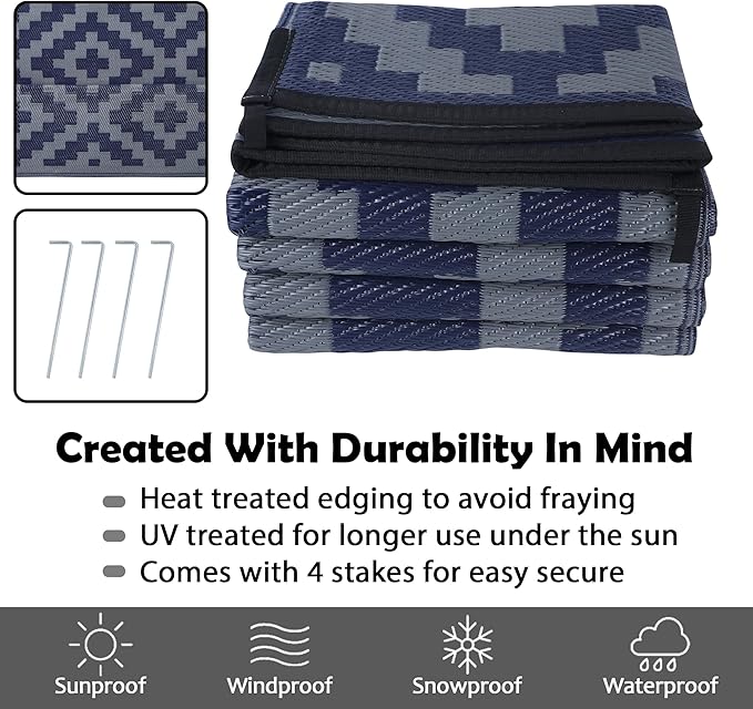 SAND MINE Reversible Mats, Plastic Straw Rug, Modern Area Rug, Large Floor Mat and Rug for Outdoors, RV, Patio, Backyard, Deck, Picnic, Beach, Trailer, Camping (6' x 9', Blue Grey Lattice)