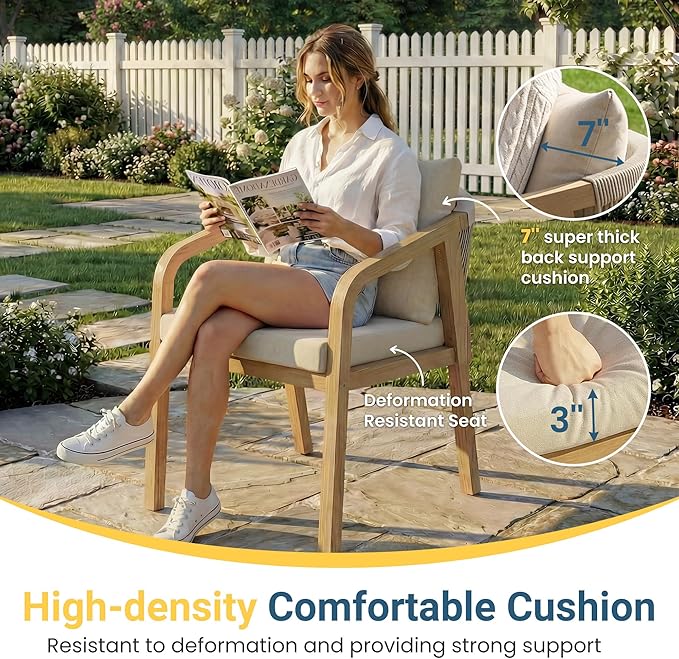 Wisteria Lane Acacia Patio Dining Chairs Set of 2, Outdoor Wood Chairs with Thick Cushions, Modern Patio Seating with Woven Rope Backrest for Porch, Backyard, Garden, Indoor Use, Beige