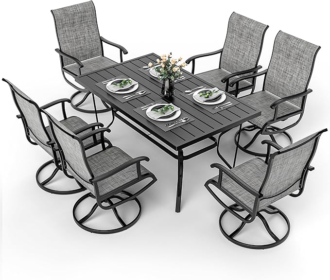 7-Piece Outdoor Dining Set, Patio Furniture Set with Textilene Swivel Chairs, Outdoor Table & 6 Chairs for Garden, Backyard, Poolside, Deck, Charcoal