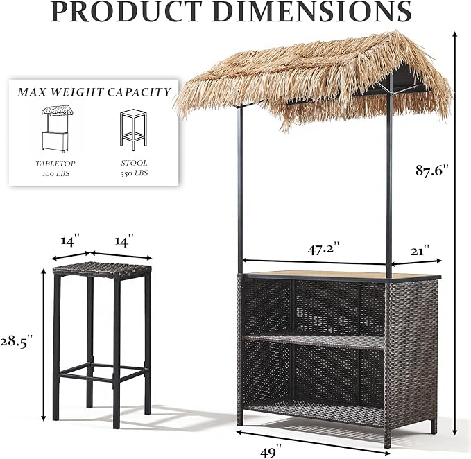 Outdoor Tiki Bar Set - 3 Pieces Wicker Patio Bar Height Set with Palapa Top and 2 Stools, All-Weather Patio Bar Set with Storage Shelves & Wine Glass Rack for Garden Patio Backyard Brown