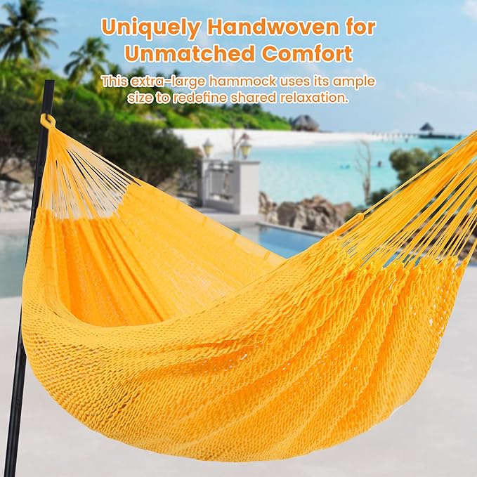Lazy Daze Hammocks Handwoven Mayan Hammock, 10.5 FT Soft Rope Double Hammocks, Portable Outdoor Hammock with Carry Bag, 2 Straps & Carabiners for Patio Outside, 550 lbs Weight Capacity, Yellow