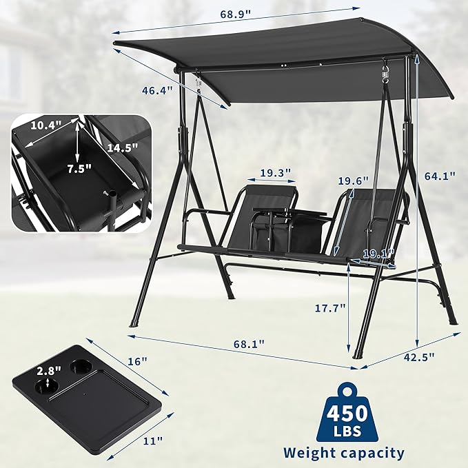 2-Person Porch Swing with Cup Holders, Pivot Storage Table & Cooler Bag, Adjustable Canopy, Black Steel Frame Outdoor Patio Swing for Backyard, Balcony & Poolside