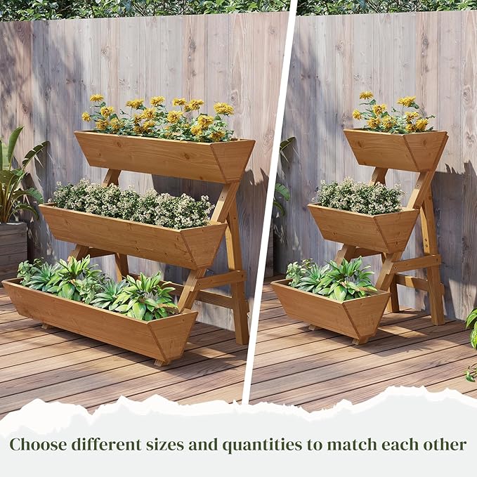 3-Tier Wooden Vertical Raised Garden Bed with Legs, Tiered Planter Box, Vertical Garden Planter,Wood Plant Stand Wood Flower Rack for Patio, Balcony, Freestanding. (Brown-Small)