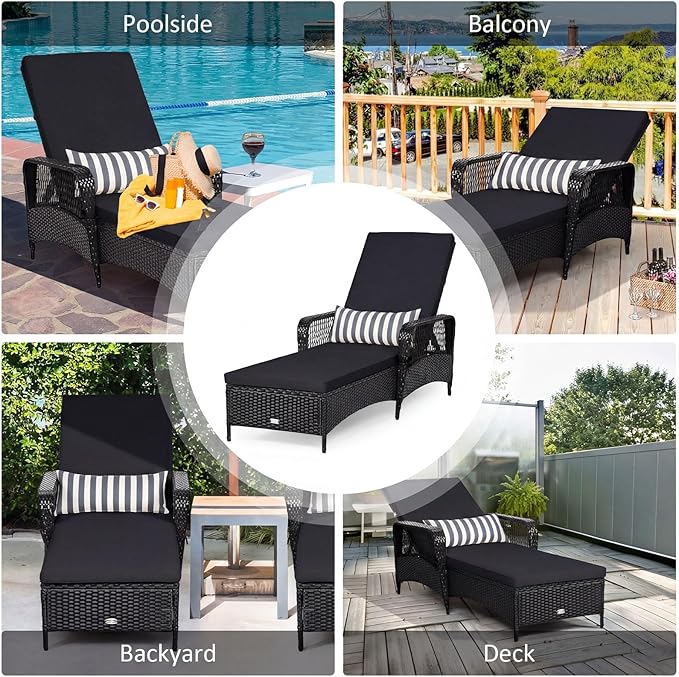Tangkula Wicker Chaise Lounge Outdoor Set of 2, Patio Rattan Reclining Chaise with 6-Gear Adjustable Backrest, Thick Padded Cushion & Removable Lumbar Pillow, Pool Lounge Chairs (Black)