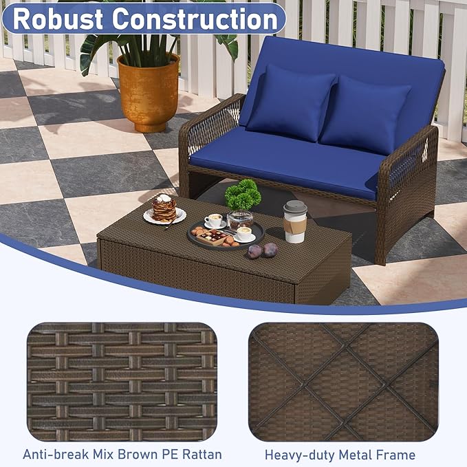 RELAX4LIFE Wicker Patio Outdoor Daybed - Rattan Sunbed Loveseat Sofa Set w/4-Level Adjustable Back, Cushions & Pillows, Storage Ottoman, 2-Person Bed Lounger for Backyard Porch, Patio Daybed (Navy)