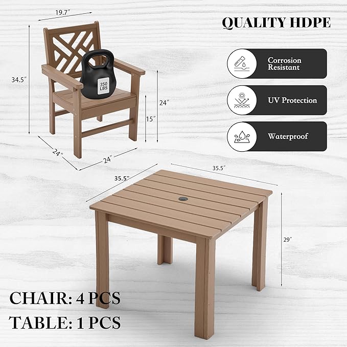 HDPE Outdoor Dining Set,5-Piece Outdoor Table and Chairs Include 4 Armchair Chairs and 35.5" Square Patio Dining Table with Umbrella Hole (Brown)