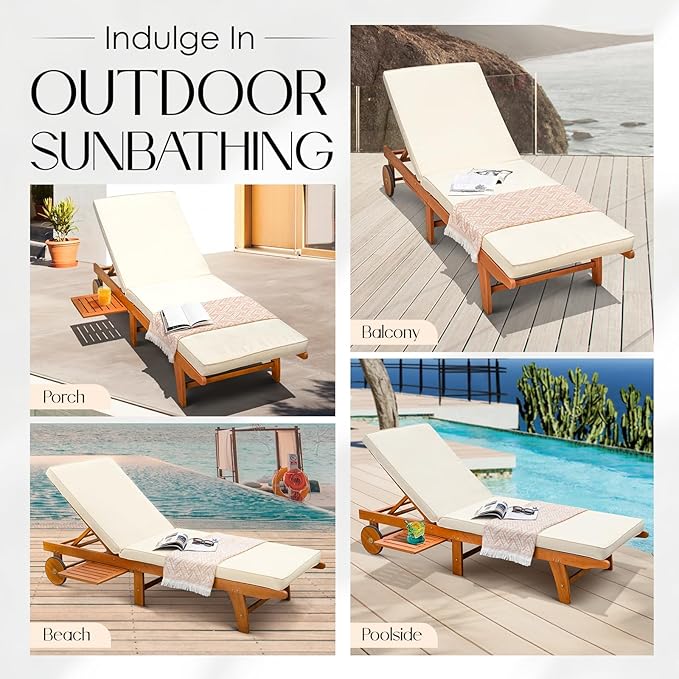 IDZO Upgraded Cushion Outdoor, 500lbs Capacity Patio Pool Loungers, Stackable and Foldable Design, Reclining Backrest, Federica Wood Chaise Lounge, Brown