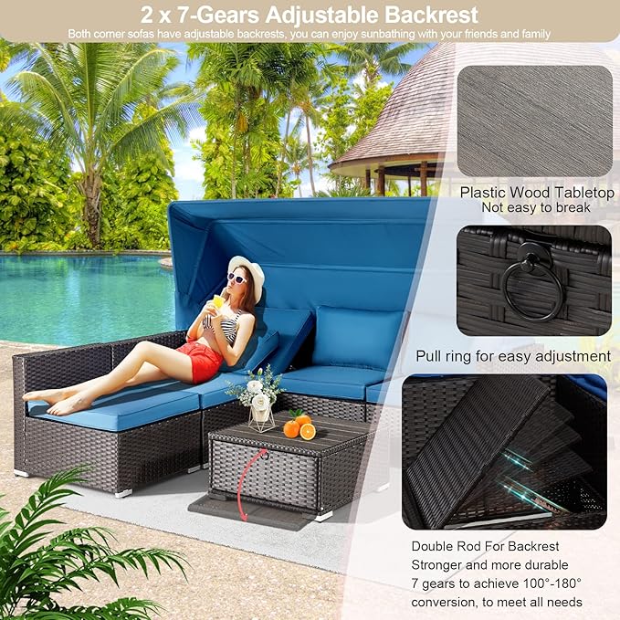 Vicluke 6 Pieces Patio Furniture Sets Outdoor Sectional Sofa Set Rattan Daybed with Retractable Canopy, Adjustable Backrest, Storable Tea Table Rectangle Sunbed for Backyard Garden Poolside(Blue)