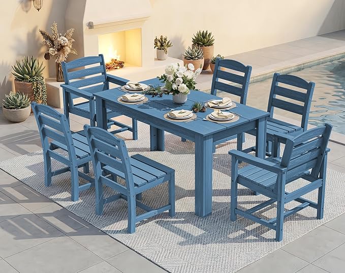 SERWALL Outdoor Dining Sets for 6, HDPE Dining Sets with 1 Umbrella Hole Cut-Out Rectangular Table and 4 Armless Chairs and 2 Armchairs, Patio Dining Sets, Blue