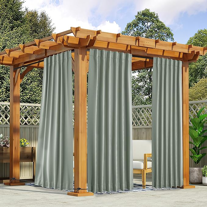 NICETOWN 2 Panels Weighted Outdoor Curtains for Patio Waterproof Pocket & Back Tab Top & Bottom, Windproof Privacy Thermal Curtains Light/Cold Block for Pergola with Rope, W52 x L84, Sage Green