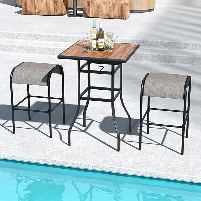 Tangkula 27.5 Inch Patio Bar Table, Outdoor Bar Height Table with 1.5" Umbrella Hole, Wooden-Like Tabletop & Heavy-Duty Metal Frame, Square Bistro High Top Table for Backyard, Balcony, Poolside