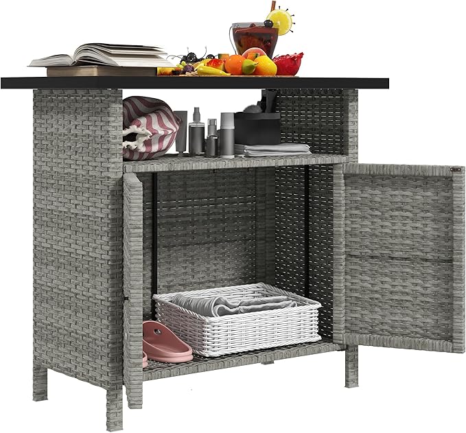 Outsunny Wicker Outdoor Storage Cabinet, Rattan Outdoor Bar Table with 2 Doors and Shelf, Outdoor Buffet Cabinet Sideboard with Metal Slatted Countertop for Poolside, Patio, Backyard, Gray