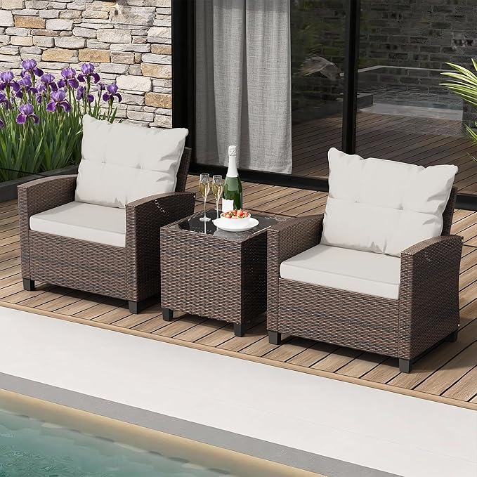 Shintenchi 3 Pieces Patio Furniture Set 3 Pieces PE Rattan Wicker Chairs with Table Outdoor Furniture for Backyard/Garden/Poolside/Outdoor Restaurant Brown Rattan with White Cushion