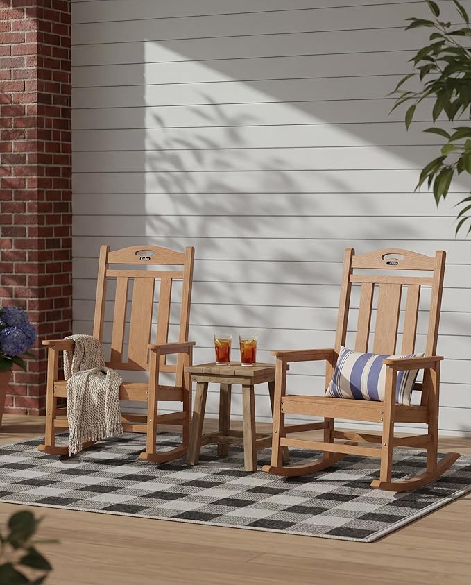Ciokea Oversized Outdoor Rocking Chairs Set of 2, 380lbs Heavy-Duty Large Patio Rocker, High Back Cozy Porch Chairs, Weather Resistant Patio Rocking Chairs for Outside, Fire Pit, Deck, Teak
