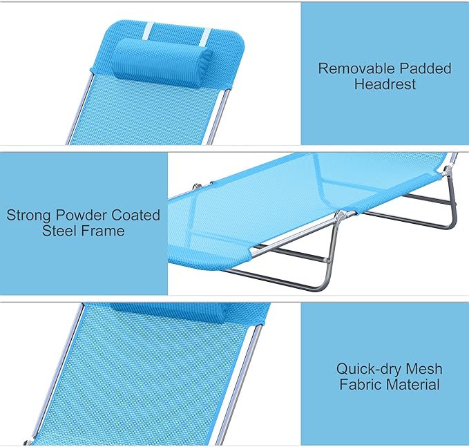 Outsunny Folding Chaise Lounge Pool Chairs, Outdoor Sun Tanning Chairs with Pillow, Reclining Back, Steel Frame & Breathable Mesh for Beach, Yard, Patio, Blue