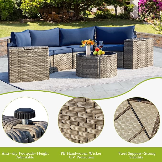 ECOTOUGE 7 Piece Outdoor Half Moon Furniture, Wicker Patio Sectional Conversation Set with 2 Storage Armrests and Circle Glass Table, Gray Rattan Curved Sofa for Garden, Balcony and Back Yard (Blue)