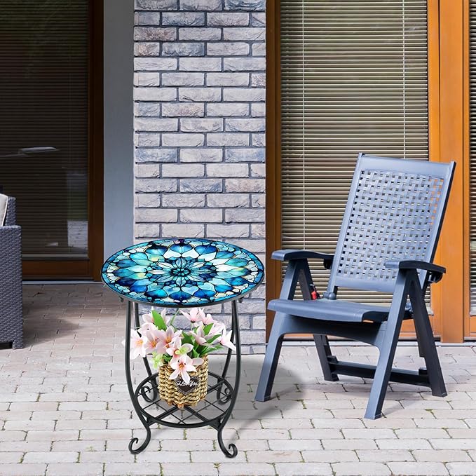 Outdoor Side Table Round Small Mosaic Patio Accent Indoor End Plant Coffee Tea Table for Yard Patio Porch Garden Living Room, Bedroom(Mandala Style,16 Inch)
