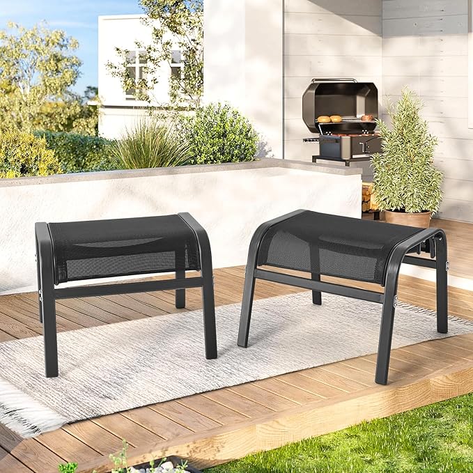 ONBRILL Outdoor Ottoman Foot Rest Set of 2, Textilene Fabric Outdoor Footstool with Tight Surface and Stable Metal Frame, Wide Use Outdoor Ottomans for Patio, Balcony, Poolside and Indoors, Black