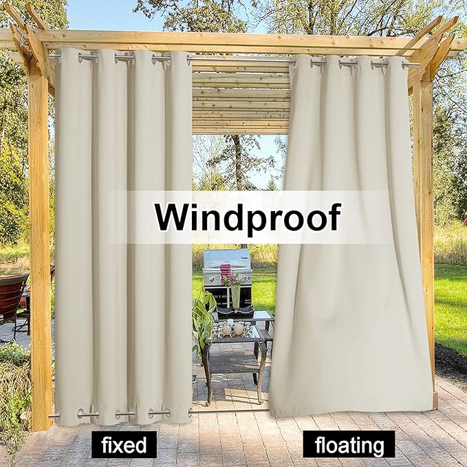 NICETOWN 2 Panels Weighted Blackout Curtains Waterproof & Windproof, Thermal Insulated Room Darkening Top & Bottom Grommet Fixed Drapes Keep Privacy for Cabana/Porch, Beige, W52 x L84