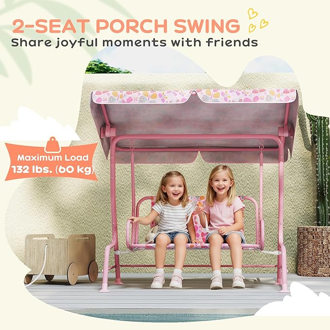 Qaba Kids Patio Swing, 2-Seater Outdoor Porch Swing Chair with Adjustable Canopy, Safety Belt, Pink Butterfly Pattern Hanging Swing Bench for Garden, Backyard, Pink