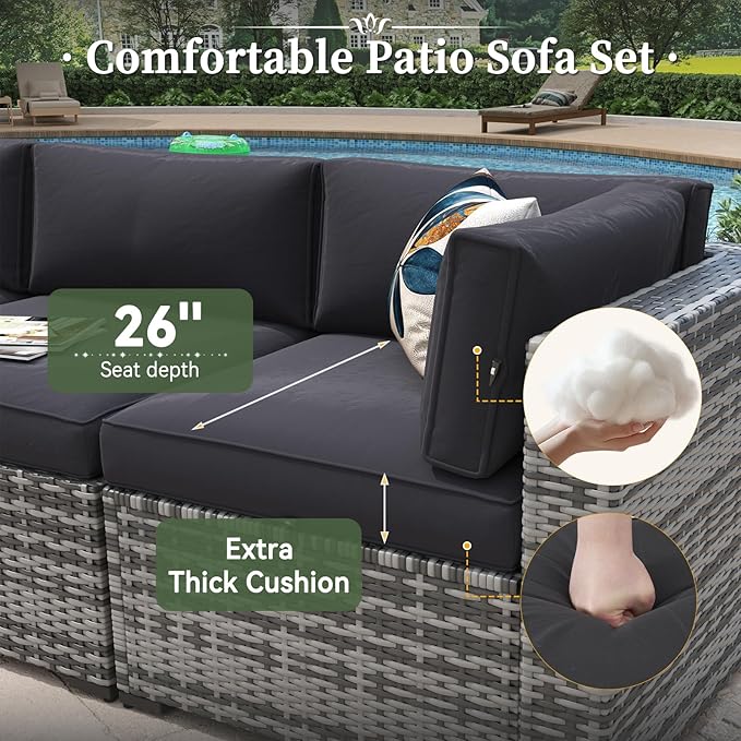Aoxun 7 Piece Patio Furniture Set Wicker Rattan Patio Conversation Set Outdoor Sectional Sofa Set with Coffee Table and Thickened Cushions, Grey/Black(Waterproof Cover Included)