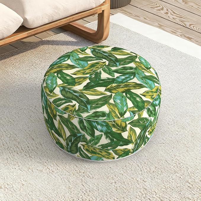 LVTXIII Indoor/Outdoor Extra Large Inflatable Ottoman Pouf D31 x H14 Inch, Round Footstool with Handle, Weather-Resistant Portable Furniture for Patio, Camping, Beach, Lush Leaf Jungle