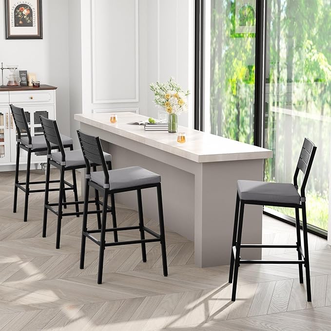 Crestlive Products Outdoor Bar Stools Set of 2, Patio Counter Height Barstools with Cushions, Tall Chairs with Back and Footrest for Deck, Lawn, Garden, Backyard, Poolside, Or Indoor Use (Light Gray)