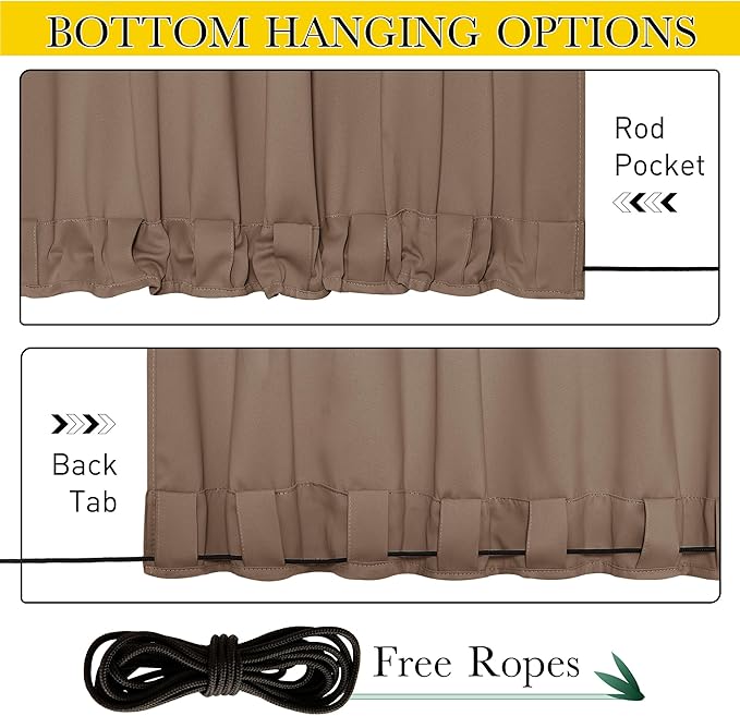NICETOWN 2 Panels Waterproof Outdoor Curtains Fixed Pocket & Back Tab on Top & Bottom, Thermal Insulated Keep Rain & Sun Out Blackout Windproof Outdoor Drapes with Rope, W52 x L108, Tan-Khaki