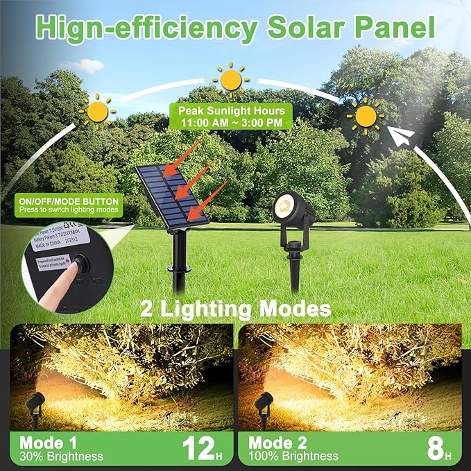 Solar Spotlights Outdoor Waterproof, Warm White Landscape Spotlights, Decorative Solar Spot Lighting for Garden, Yard, Pathway, Lawn, Poolside, Party, 4-in-1 Mounted (Warm White, 2 Pack)