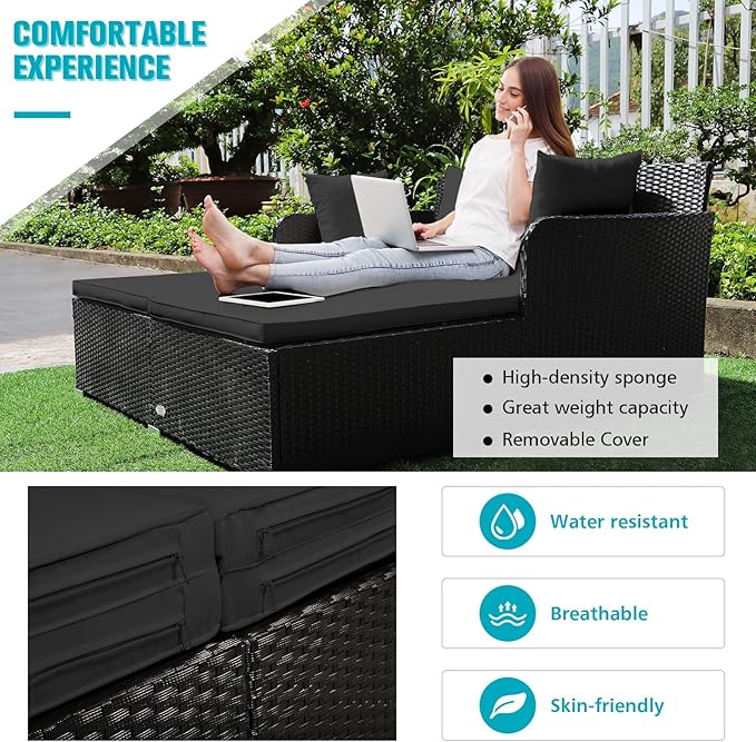 RELAX4LIFE Rattan Patio Outdoor Daybed, Wicker 2-Person Sunbed Loveseat with Soft Cushions, 4 Pillows, Curved Backrest & Armrest, Double Bed Lounger Sofa Set for Balcony Porch, Patio Bed (Black)