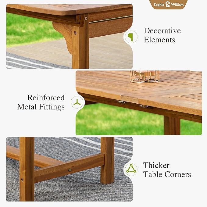 Sophia & William Patio Outdoor Table and Chairs Set, Patio Dining Sets for 6-8, 7 Pieces Patio Table Set for Backyard Deck Porch Outside, Acacia Wood Table Expandable with 1.97" Hole